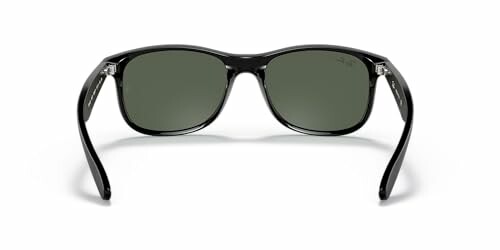 Front view of black sunglasses with dark lenses.