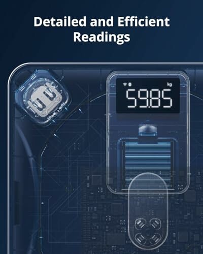 Digital scale showing weight in kilograms with circuitry design.