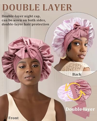 Double-layer night cap in pink, front and back views.