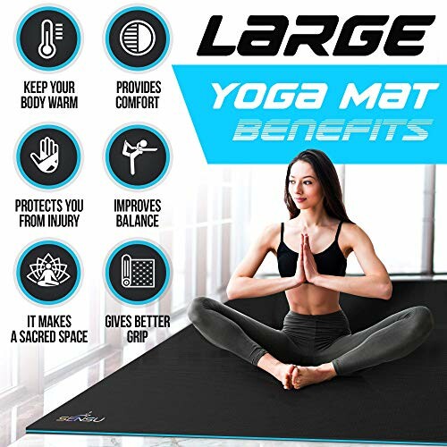 Yoga towel advertisement with features and dimensions.
