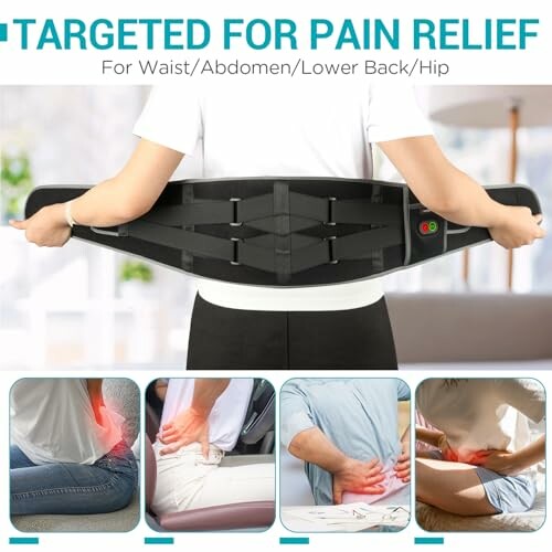 Person wearing a pain relief belt for waist and back support.