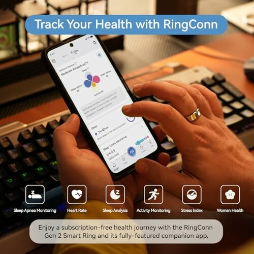 Person using a phone app for health tracking with RingConn features.