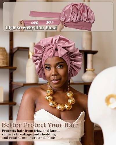 Woman wearing a satin hair bonnet and high stretchy hair band.