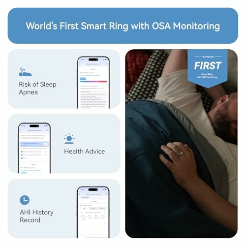 Smart ring with OSA monitoring features and app interface.