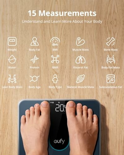 Feet on smart scale with 15 body measurements displayed.