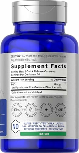 Blue supplement bottle with label showing directions and supplement facts.