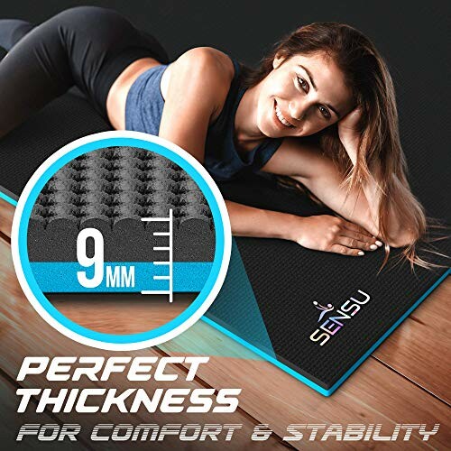 Woman smiling on a yoga mat with 9mm thickness, labeled for comfort and stability.