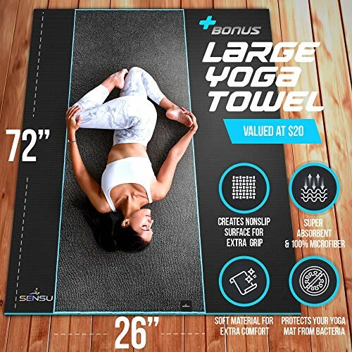 Yoga towel advertisement with features and dimensions.